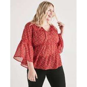 Lucky Brand Women's Red Floral Sheer Bell Sleeve Blouse Boho Top - Size S